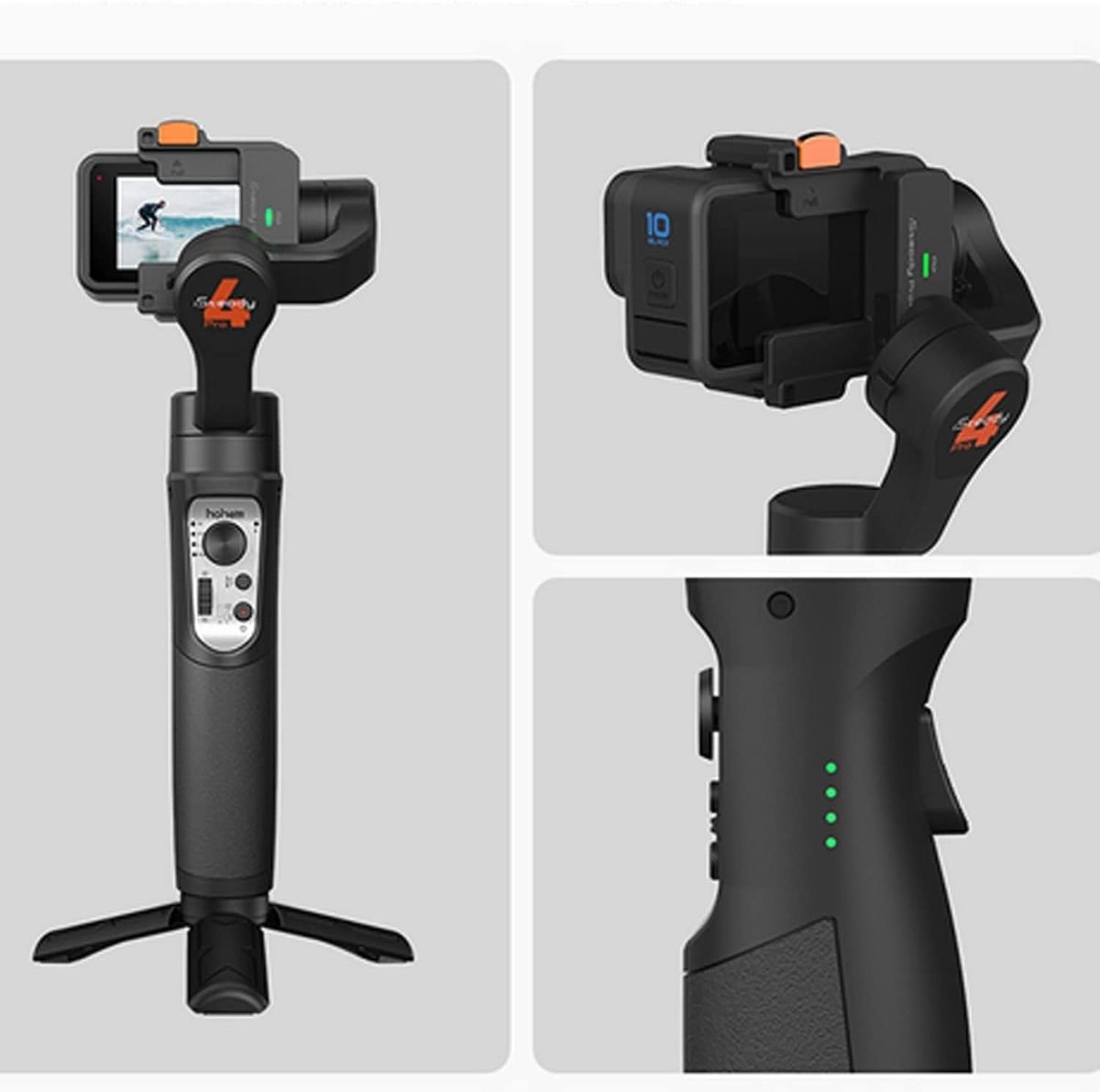 Three pictures showing our choice for the best GoPro gimbal, the Hohem iSteady Pro 4