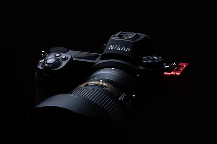 Nikon camera on a black backdrop
