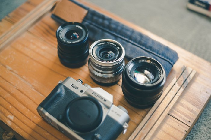 Image of a mirrorless camera with lenses on a desk