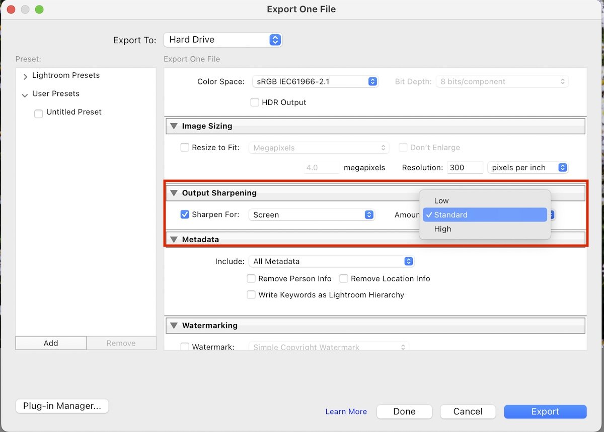 screenshot of export panel in lightroom classic