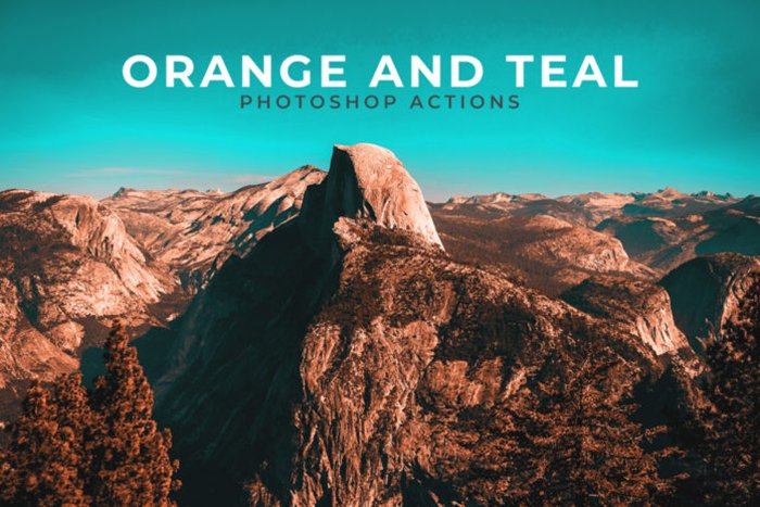 Screenshot of an orange and teal Photoshop action graphic of a rocky forest landscape