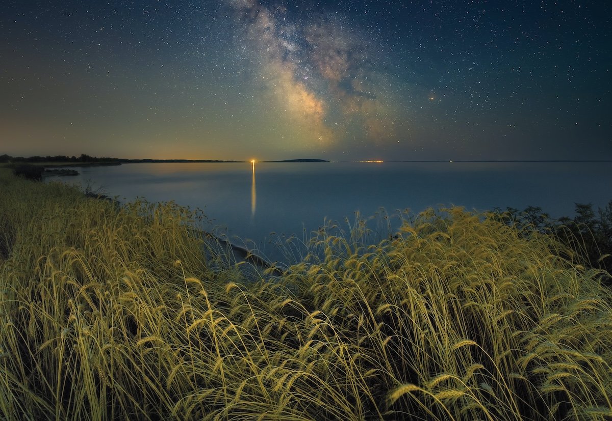 Night landscape with stars, sea, and grass shot with a full-frame camera