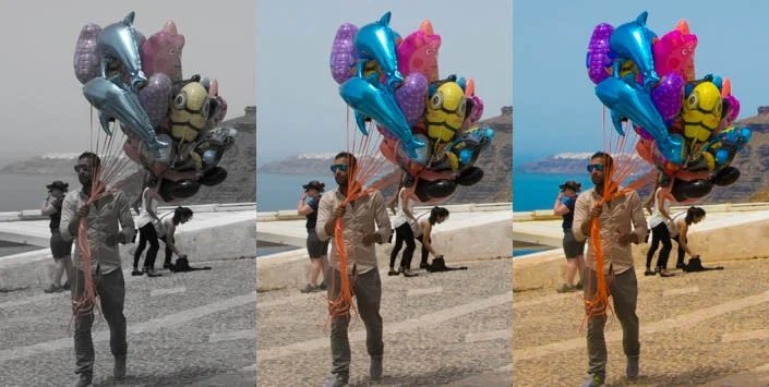 Color temperature changes comparison of a man holding balloons