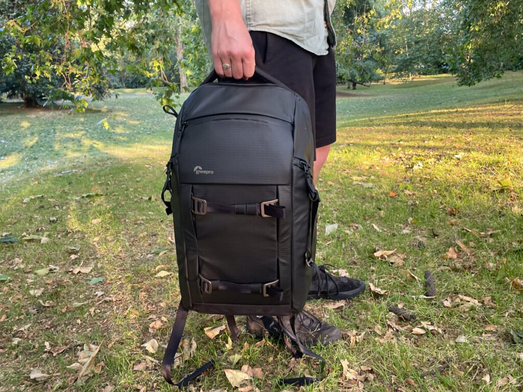 Using top handle of the Lowepro Freeline