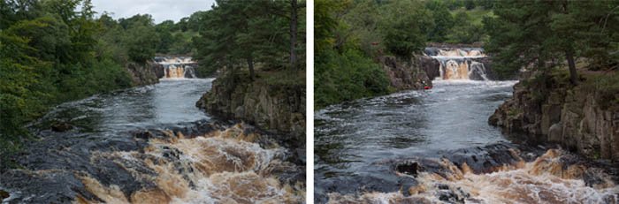 A river scene showing the difference between a full frame and crop sensor