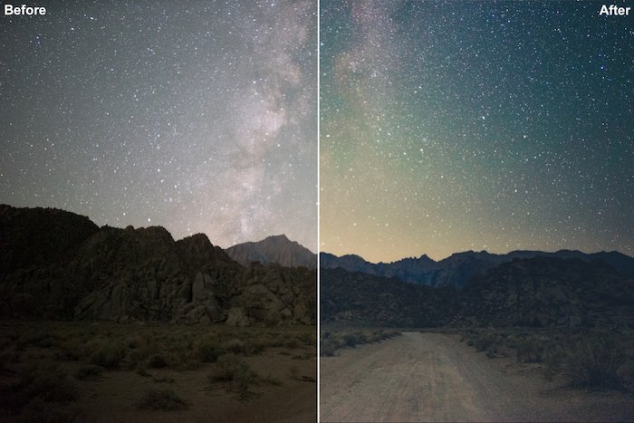 Split  screen photo of the milky way over a landscape before and after editing