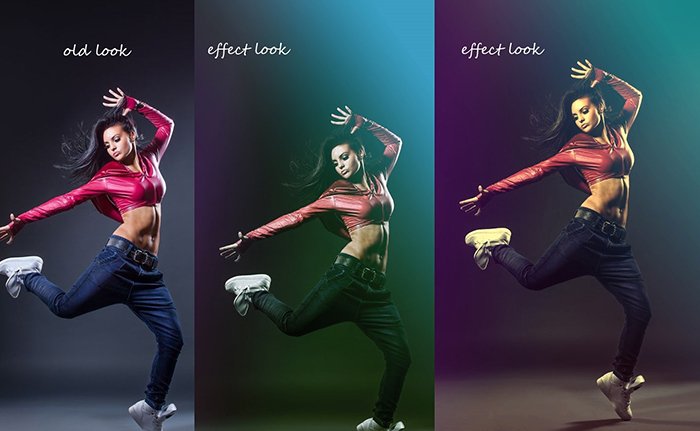 Triptych of two Photoshop action effects applied to an image of a female dancer