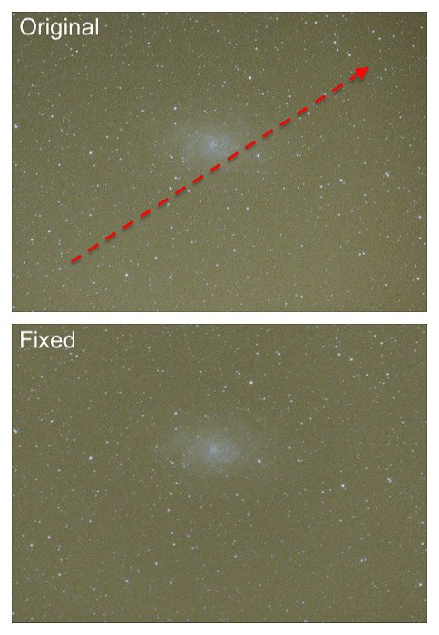 Astrophotography diptych before and after using GradientXterminator By Russel Croman