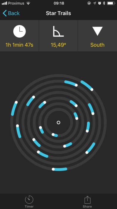 screenshot of the PhotoPills app, showing the Star Trail Module