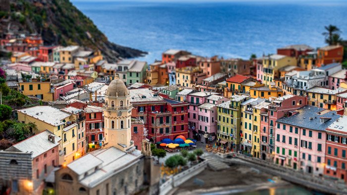 Tilt shift cityscape of Vernazza, Italy