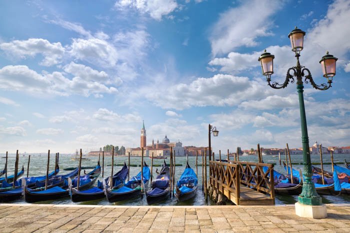 Gondolas with San Giorgio Maggiore church seen from San Marco in Venice