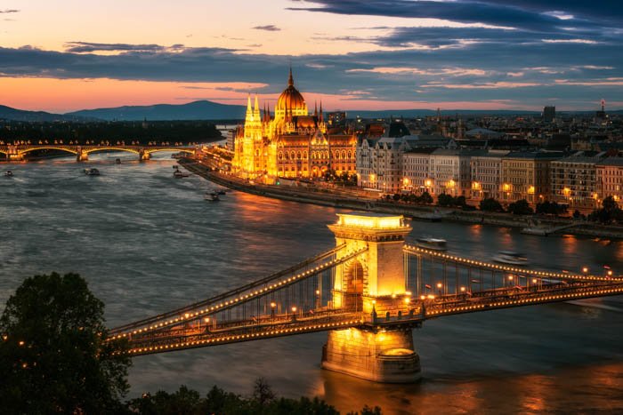 A travel cityscape photo of Budapest at sunset