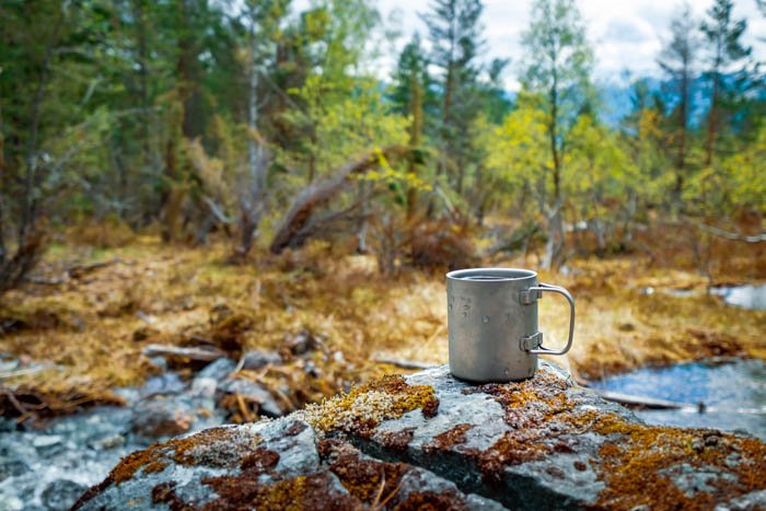 A travel still life photography of a camping mug and forest
