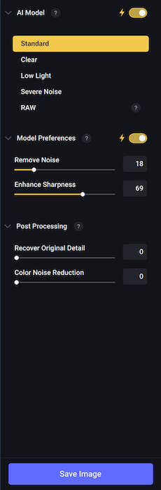 Picture of model options in Topaz DeNoise AI