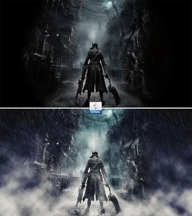 Before-and-after diptych of a fantasy portrait using a cinematic rain effects Photoshop action