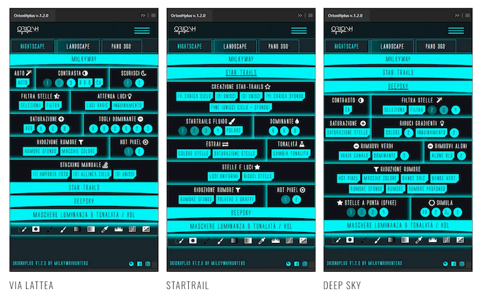 The three main panels for astrophotography in Orionh Plus. - astrophotography software resources