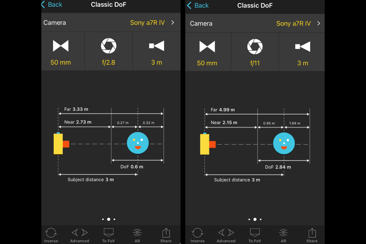 Two screenshots of the Photo Pills app showing aperture comparisons for depth of field