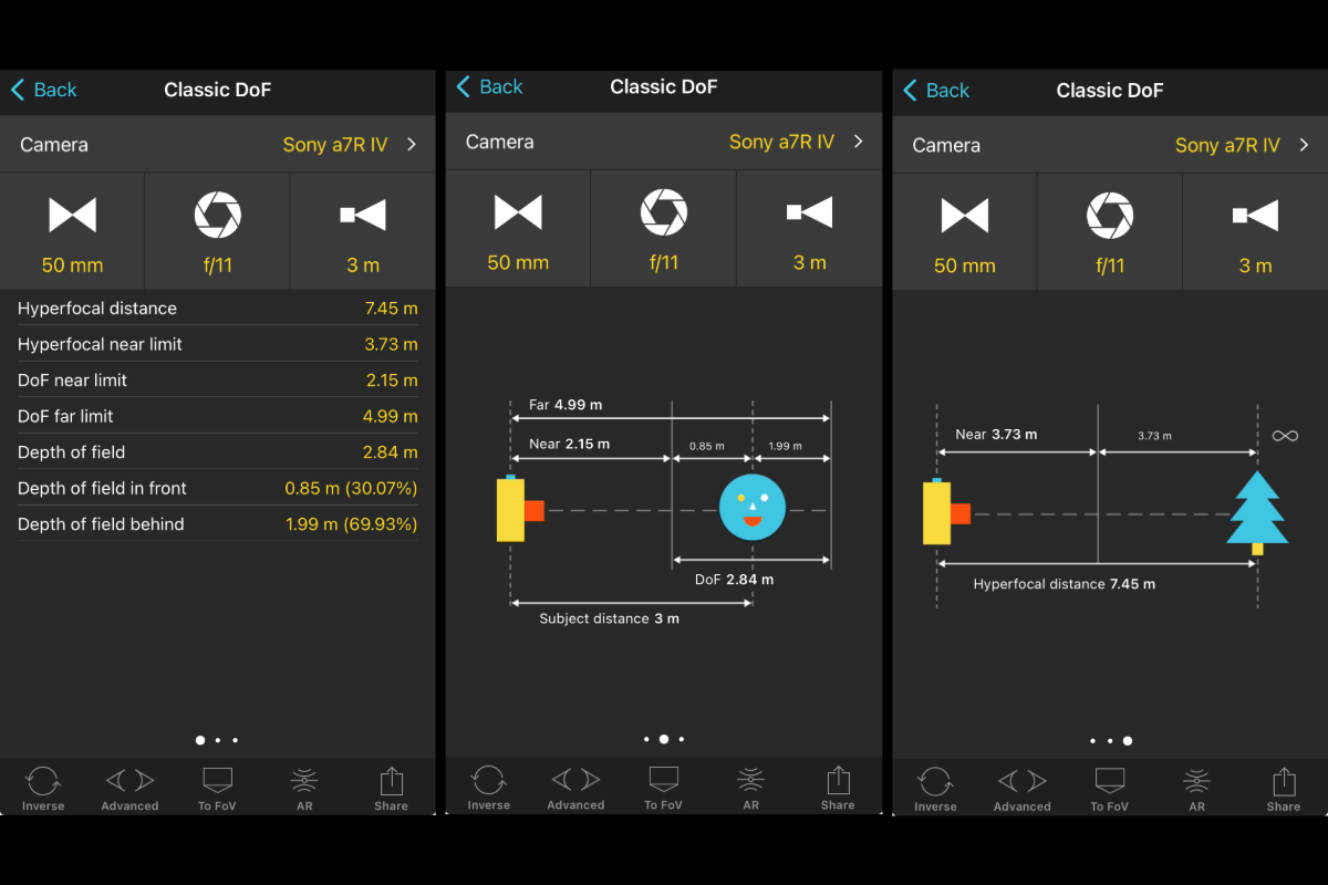 Three screenshots of the Photo Pills app calculating depth of field