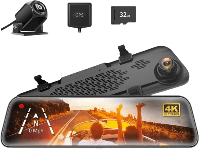 Wolfbox 1296P Mirror Dash Cam w/Dual Cameras & GPS